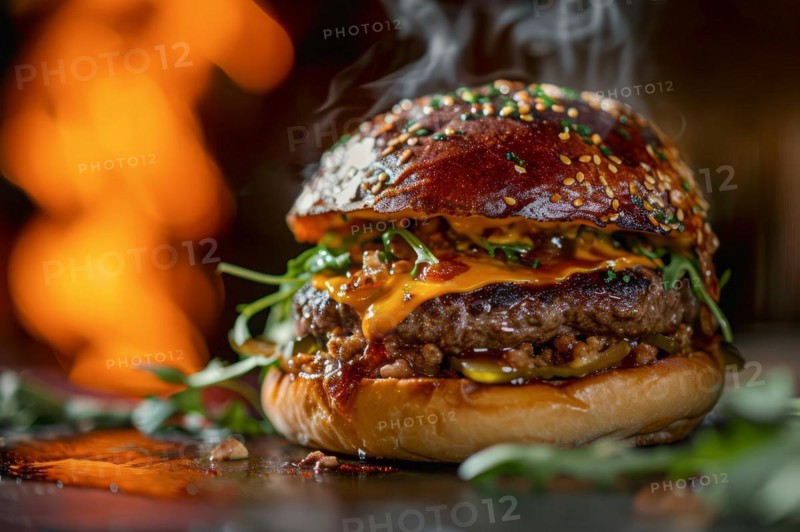 Fresh tasty beef burger with onion, cheese and vegetables. Junk food and fast food concept, AI generated