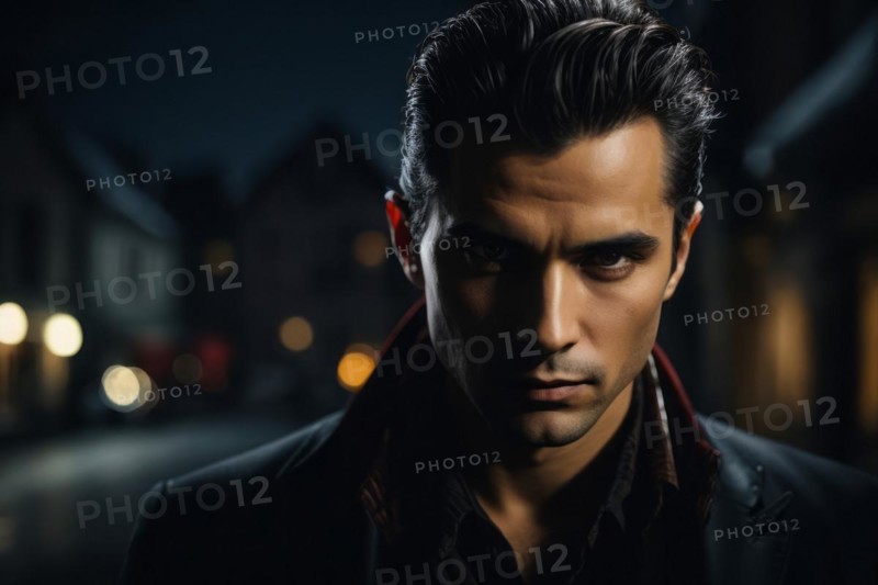 A handsome young man in a black coat in front of a red sign of a pub. The image has a dark and moody atmosphere, with the man's expression and the lighting creating a sense of mystery and intrigue, AI generated