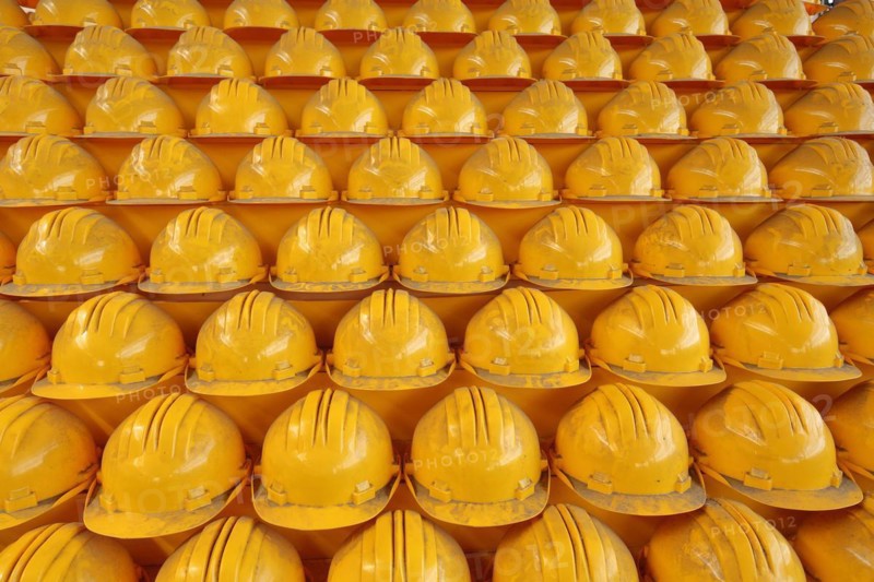 Pyramid with yellow safety helmets, ore hall UNESCO Völklingen Ironworks, working clothes, helmets, yellow, pile, stack, decoration, sorted, order, row, series, structure, Völklingen, Saarland, Germany, Europe
