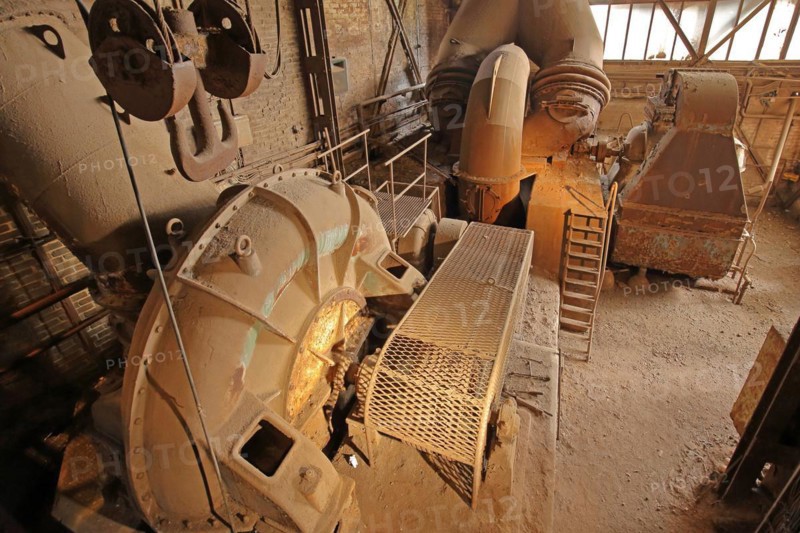 Blower in the sintering plant, interior view, machine, pipework, pulley block with hook, UNESCO Völklinger Hütte, Völklingen, Saarland, Germany, Europe