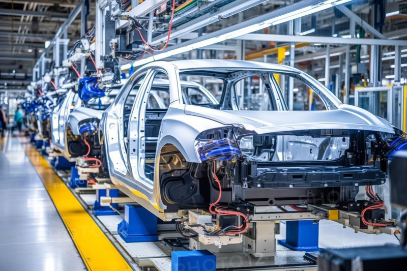 Car factory conveyor belt assemblance line production with robots and artificial intelligence, AI generated