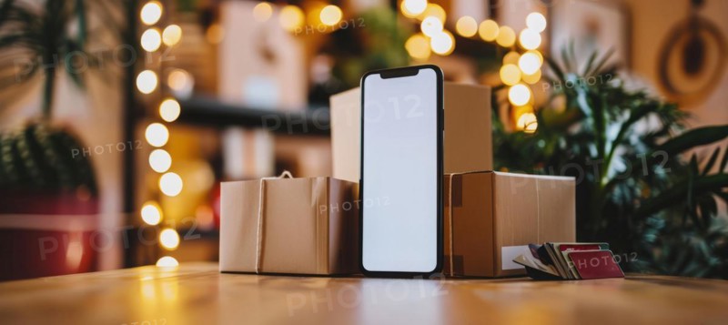 Online shopping with credit card from mobile app marketplace. Home delivery cellphone mockup, AI generated