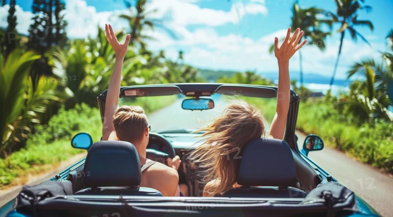 Couple enjoying vacation in rental car. Scenic ocean drive in Caribbean in convertible vehicle, AI generated