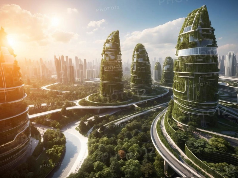 A futuristic cityscape with tall buildings and green trees growing on buildings. The buildings are connected by a green path and there are trees and plants everywhere. The sky is blue and the sun is shining brightly. Scene is one of innovation and sustainability, AI generated