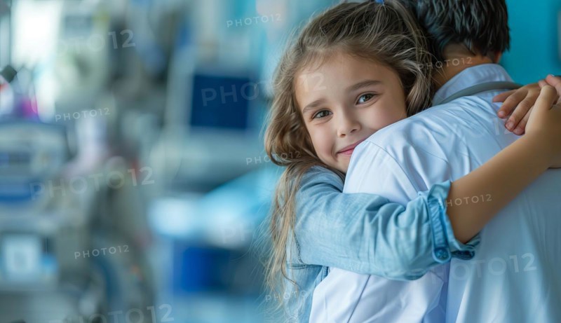 Doctor hugging little girl in hospital room. Smiling young girl being held by a doctor, AI generated