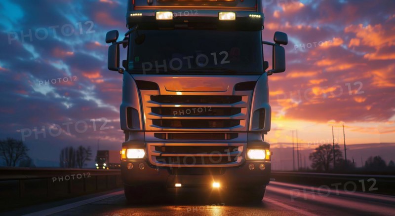 Long haul container truck carrying commercial cargo delivery, Close-up and low-angle, AI generated