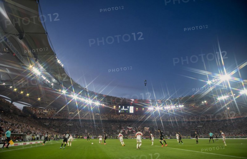 Overview, Bundesliga football match VfB Stuttgart vs Eintracht Frankfurt, sold out, floodlights, evening mood, blue hour, MHPArena, MHP Arena Stuttgart, Baden-Württemberg, Germany, Europe