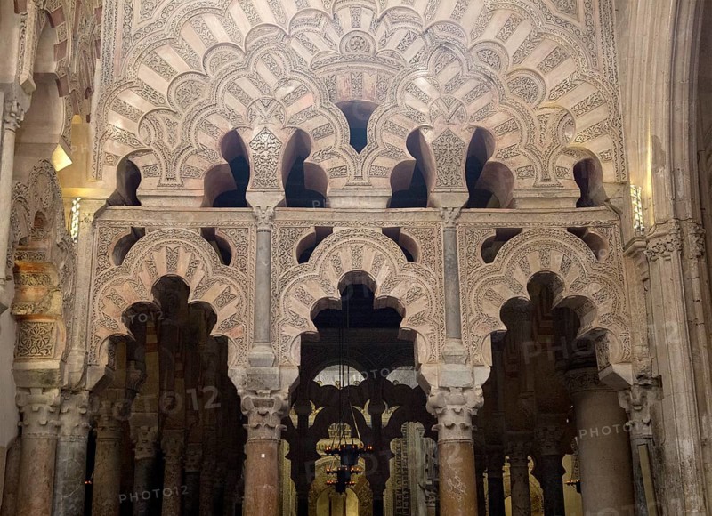 Ornate stonework of archways in the former Great Mosque, Cordoba, Spain, Europe