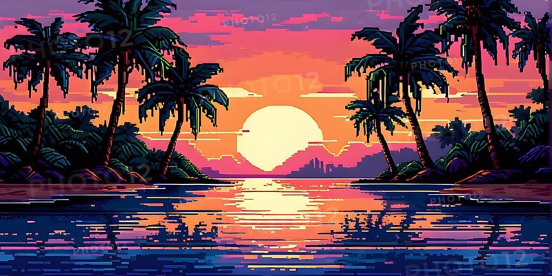 Pixel art illustration of a tropical island paradise with palm trees and sandy beach, AI generated