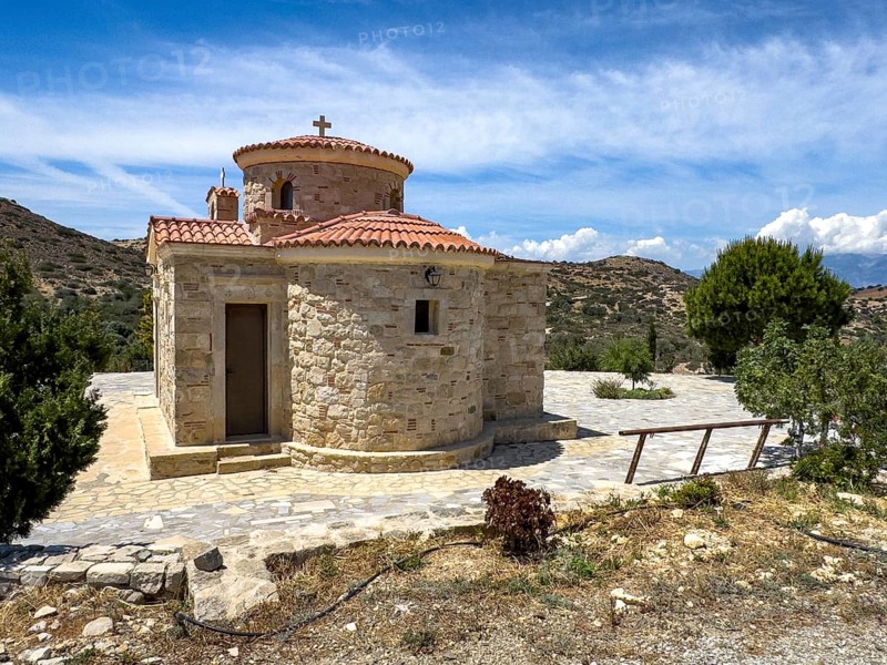 Small church chapel in Byzantine style architectural style on the grounds of Unesco Site Site Orthodox Greek Orthodox Monastery Moni Odigitria, Festos, Crete, Greece, Europe