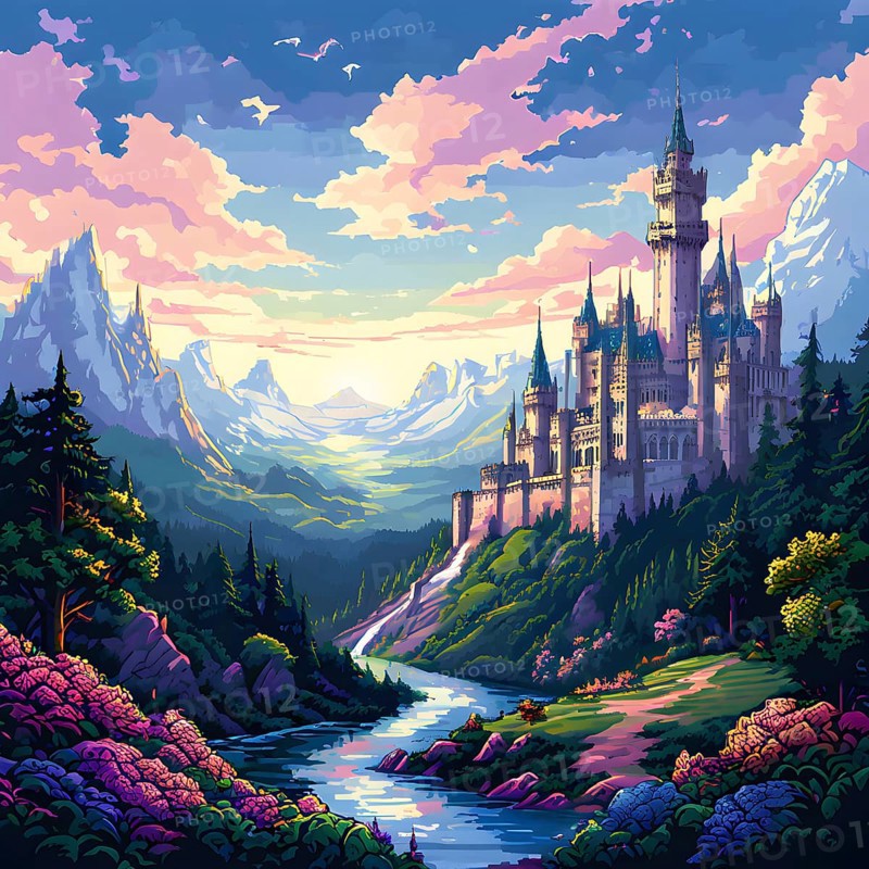 Pixel art illustration of a sprawling fantasy kingdom with majestic castle perched atop a hill, AI generated