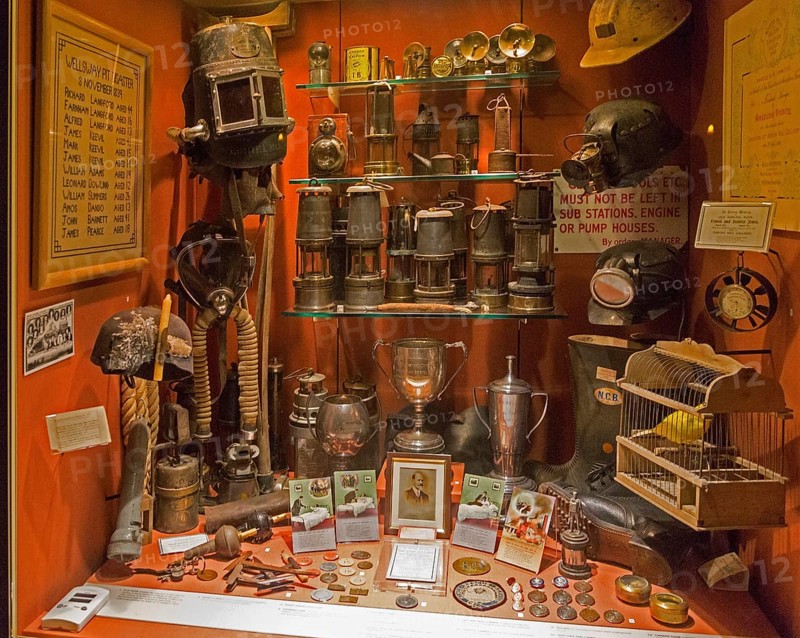 Display cabinet relating to history of coal mining in north Somerset coalfield, Radstock museum, Somerset, England, UK