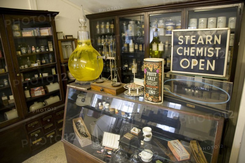 Old chemist shop interior, Museum of East Anglian Life, Stowmarket, Suffolk, England, UK now called the Food Museum