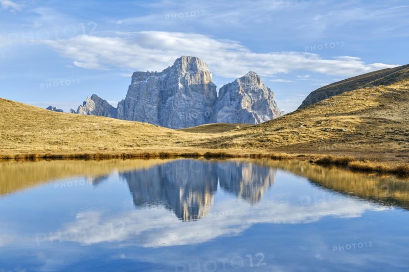 Laghetto di Baste, Belluno, Pelmo Massif, Mondeval Plateau, Passo di Giau, Dolomites, autumn, reflection, blue sky
