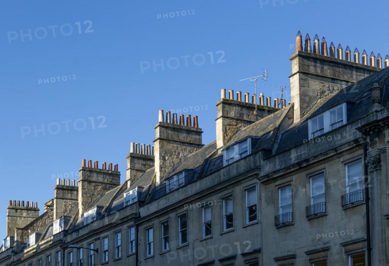 Chimney pots on roof of Georgian houses, Bridge Street, Bath, Somerset, England, UK