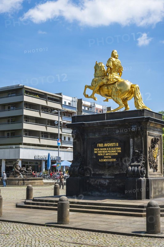 Golden Horseman, equestrian statue of the Saxon Elector and King of Poland, Augustus the Strong at Neustädter Markt in Dresden, Saxony, Germany, for editorial use only, Europe
