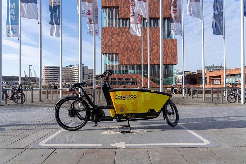 Rental station, drop zone for rental bikes, provider Cargoroo, cargo bikes, e-bikes, place to park bikes that can be rented temporarily, at MAS, Museum am Strom, Antwerp, Flanders, Belgium, Europe