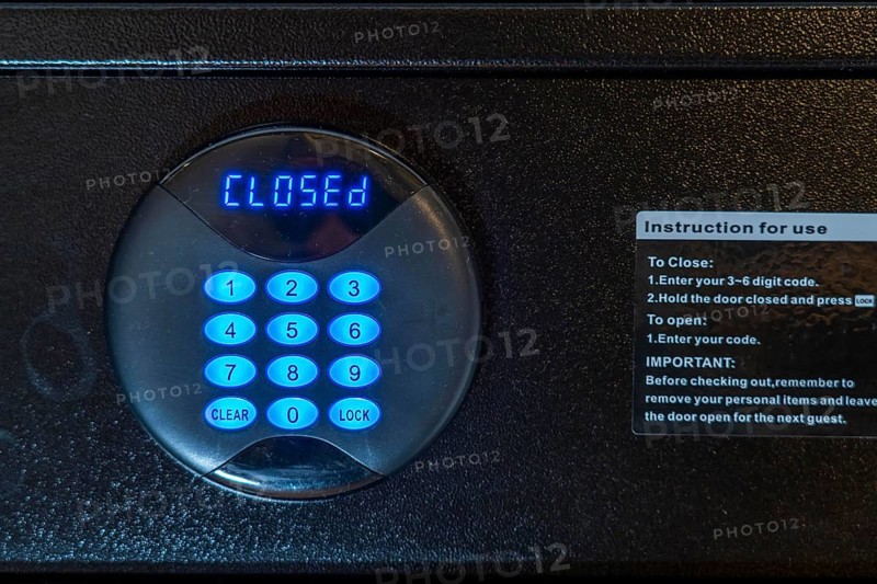 Room safe in a hotel, keypad for entering a 6-digit numerical code to lock the safe for depositing valuables