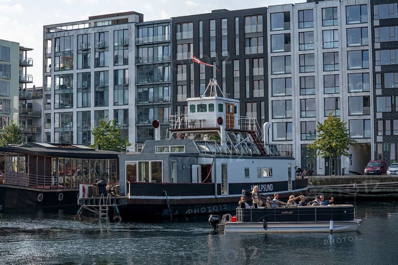 Sluseholmen neighbourhood, on an artificial island, houseboat, former industrial area, now a new residential area, with many canals, waterfront living, Copenhagen, Denmark, Europe