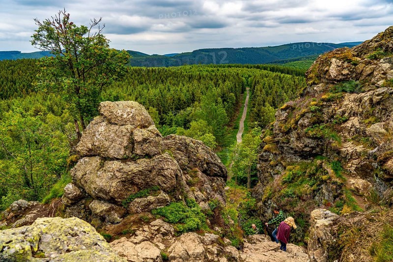 The Bruchhauser Steine, in the Hochsauerland district, rock formations with four main rocks, on the Istenberg in the Rothaargebirge, Bruchhausen, Olsberg, North Rhine-Westphalia, Germany, Europe