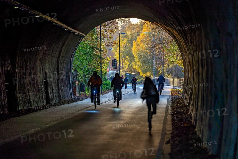 The Nordbahntrasse, a cycle path, footpath, on a former 22 KM long railway line, along the west-east axis of Wuppertal, on the northern slope, with many tunnels, viaducts and views of the city, tunnel passage, Wuppertal, North Rhine-Westphalia, Germany, Europe