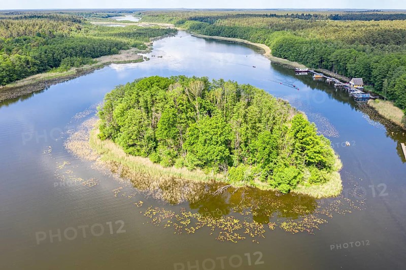 Aerial view of island in lake Granzower Möschen, Mecklenburg lake district, Mecklenburg-Vorpommern, Germany, Europe