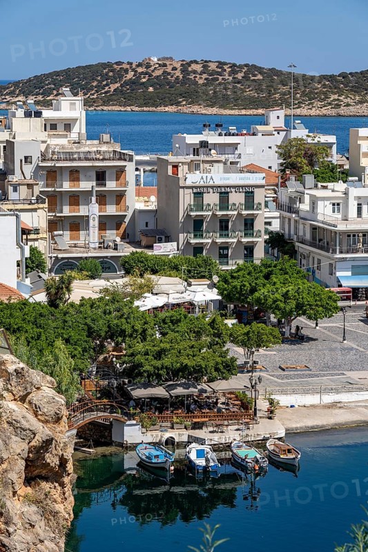 The village of Agios Nikolaos, in the eastern part of Crete, view over Lake Voulismeni, connected to the sea, old town, Greece, Europe
