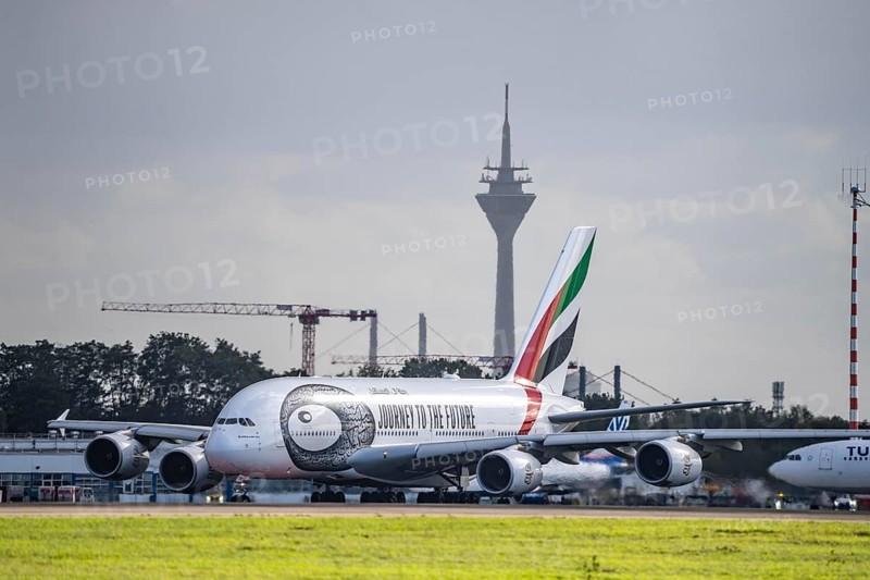Düsseldorf International Airport, Emirates, Airbus A380-800, A6-EUT, on the taxiway for take-off, Rhine Tower