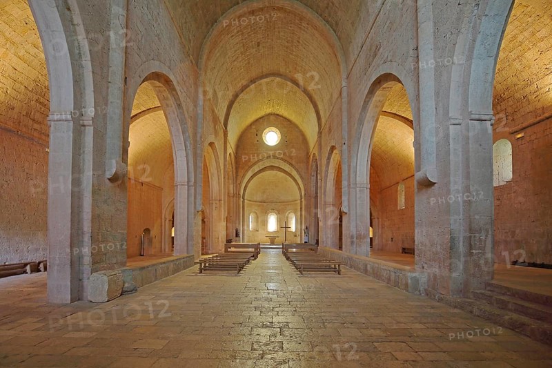 Interior view of the monastery church of the Romanesque abbey of Le Thoronet, monastery complex, Cistercian abbey, Var, Provence, France, Europe