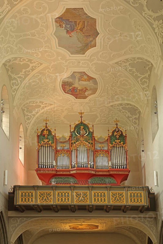 Organ, gallery and ceiling fresco, late Gothic Minster of Our Lady, interior view, Radolfzell, Untersee, Lake Constance, Lake Constance area, Hegau, Baden-Württemberg, Germany, Europe