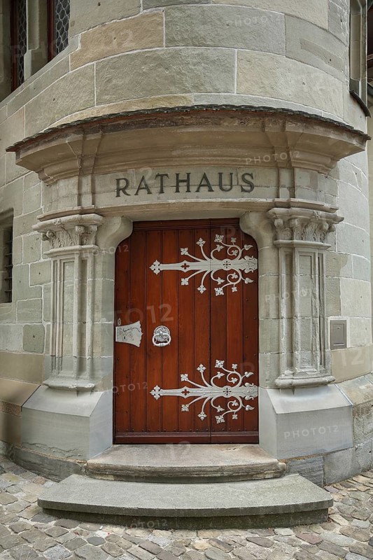 Brown wooden door with fittings, inscription, town hall, Überlingen, Überlinger See, Lake Constance area, Baden-Württemberg, Germany, Europe