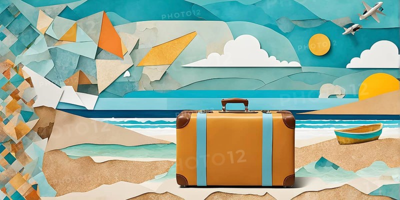 Vintage collage of a tourist with suitcase on a beach symbolizing vacation, AI generated