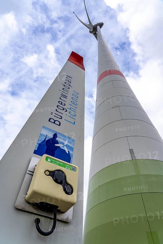 Bürgerwindpark Westernfeld-Buchgarten, near Lichtenau, 11 wind turbines, free charging station for electric cars at the wind farm, organised and financed by a cooperative, profits flow partly into the region, North Rhine-Westphalia, Germany, Europe