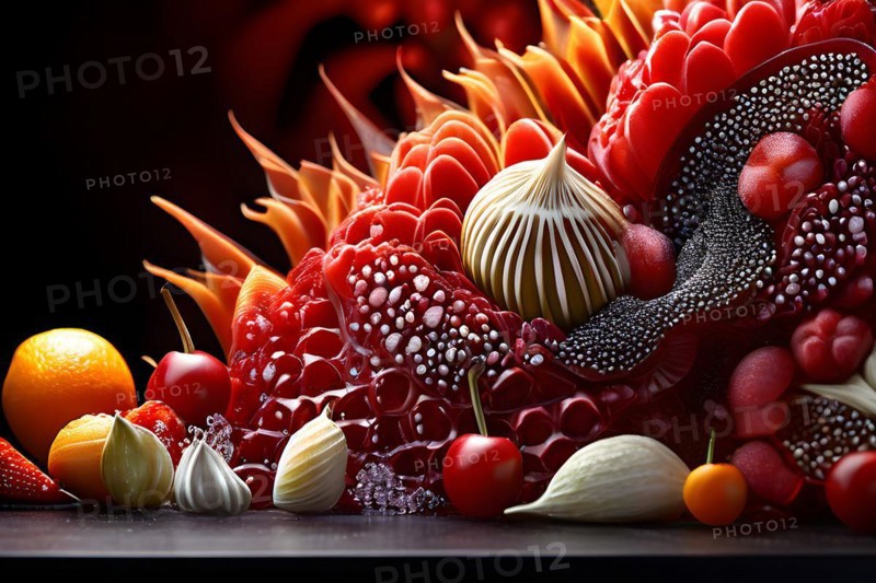 AI generated surreal food art blending an intricately detailed food sculpture interwoven with digital elements