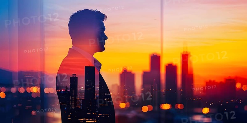 AI generated profile of a businessman with a double exposure of city lights, representing business success against an evening sky