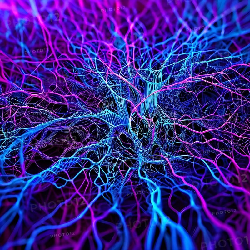 Abstract representation of neural networks modeled after the human brain with intricate web-like patterns and connections, AI generated