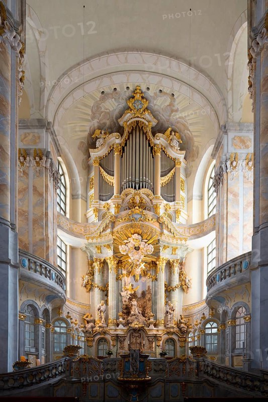 Baroque Protestant Lutheran Church of Our Lady, Interior view with altar and organ, Dresden, Saxony, Germany, Europe