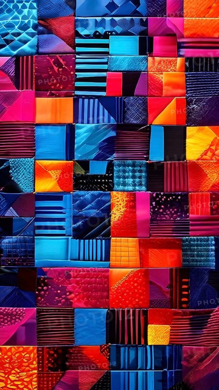 Abstract geometric patchwork illustration with vibrant intersecting geometric shapes filled with digital pattern, AI generated