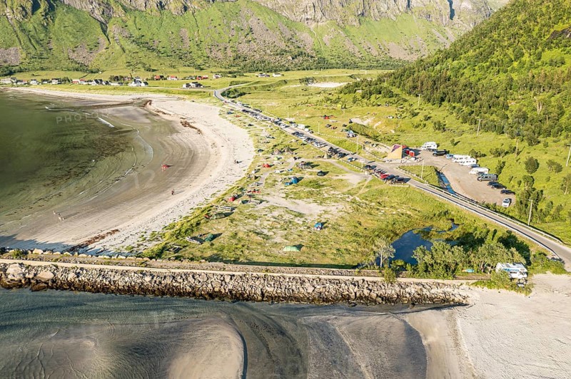 Aerial view of campsite at beach Ersfjordstranden, fjord Ersfjord, golden restroom, Senja island, Troms, northern Norway, Norway, Europe