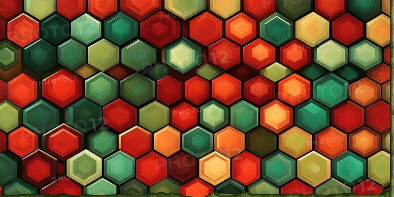 Abstract composition of interlocking green and red hexagons, AI generated