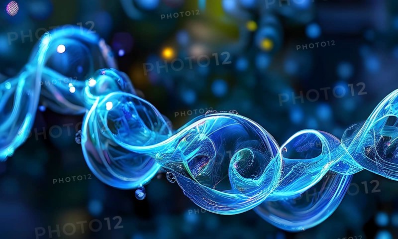Helix shaped structure bathed in vibrant blue color interconnected with a string of iridescent bubbles, AI generated