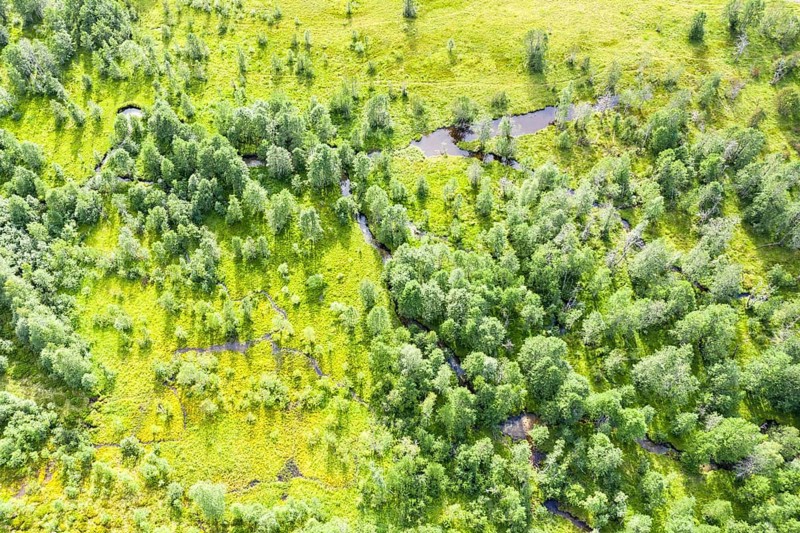 Aerial view of stream and ponds in the Veitastrond valley, Norway, Europe