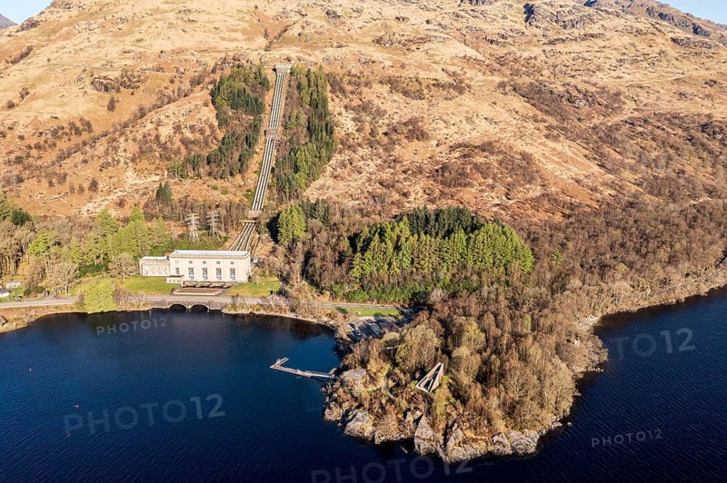 Aerial view, Hydro-electric power station at Inveruglas, wooden pyramid viewing point on peninsula, Lake Lomond, Scotland, United Kingdom, Europe