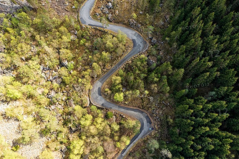 Aerial view of historical mountain pass Tronasen, steep winding road north of Flekkefjord, southern norwegian coast, Norway, Europe