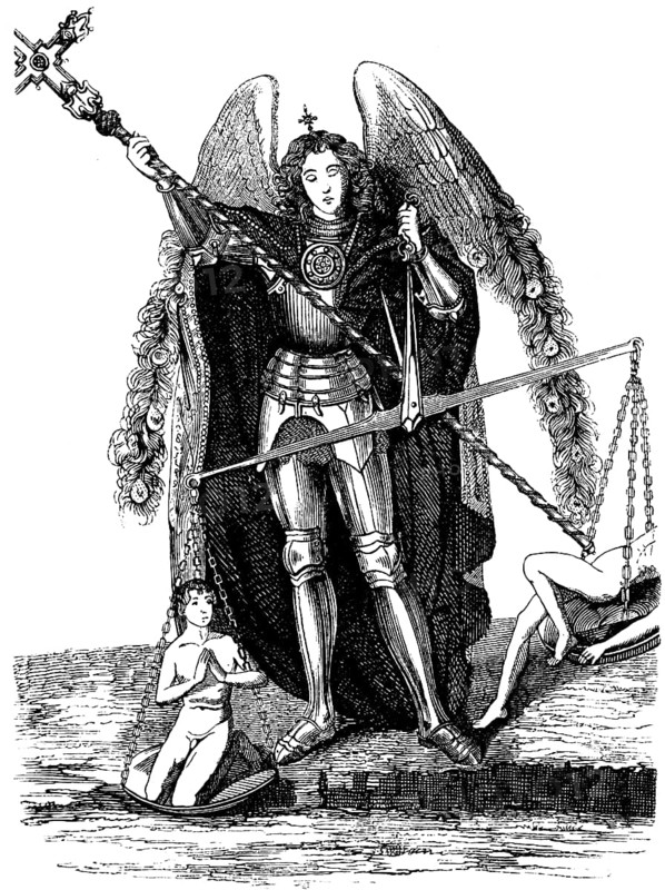 Archangel Michael, from the Gdansk altarpiece, The Judgement of the World, armour, armour, soul scales, wings, conqueror of Satan, Gdansk, Poland, historical illustration 1880, Europe