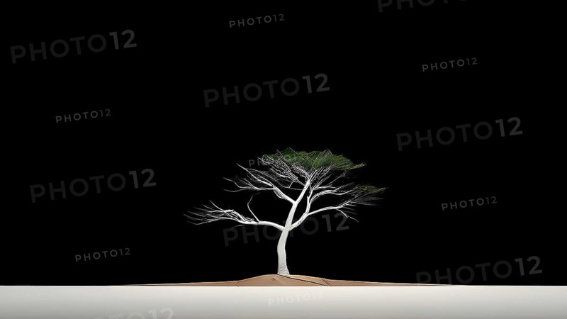 Minimalist rendering showcasing a lone tree as symbol for human resilience, AI generated