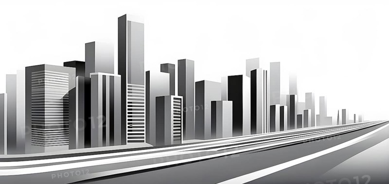 Modern city skyline using clean lines and geometric forms, with rectangular buildings and smooth, curved roads in a monochromatic color palette of grey, black, and white, AI generated