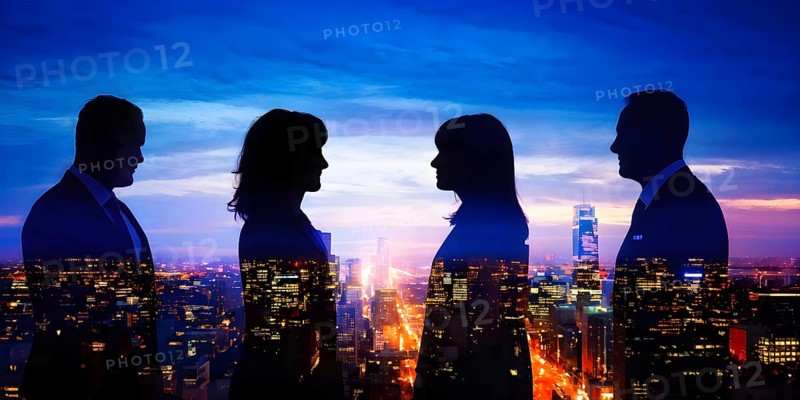 AI generated profile of business professionals with a double exposure of city lights, representing business success against an evening sky