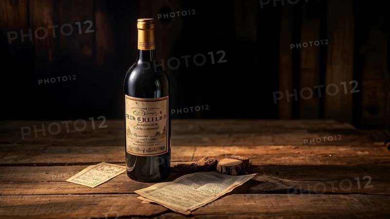 Aged bottle of wine resting on a wooden table, AI generated