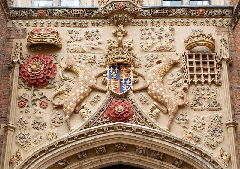 Coat of Arms above the The Great Gate, St John's College, University of Cambridge, Cambridge, Cambridgeshire, England, UK
